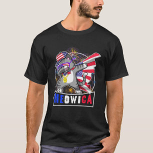 Meowica Kat Dabbing Amerikaanse Vlag Vuurwerk Gelu T-shirt