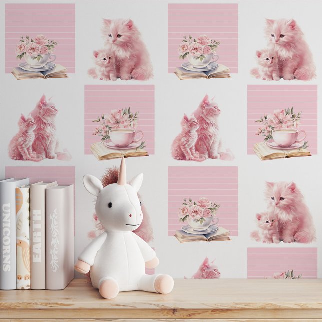 Meowical Books & Stripes: Roze Peel en Stick Behang (Meowgical Books & Stripes: Pink Peel and Stick Wallpaper)