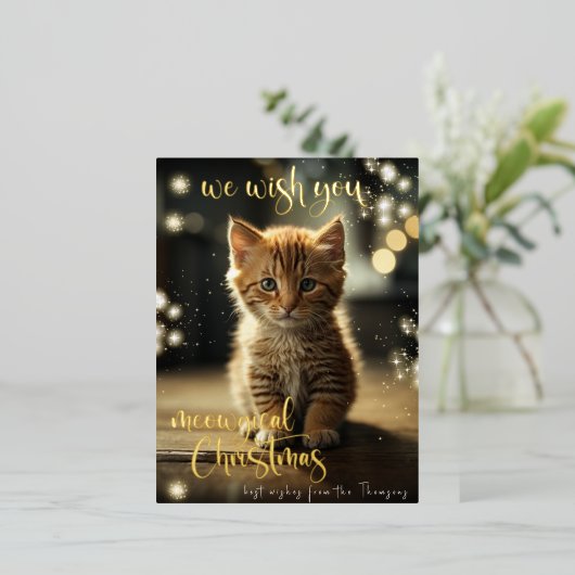 Meowicical Kerstmis Goud Pet Kat Foto Folie Feestdagen Briefkaart (Staand Voorkant)