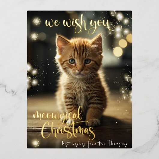 Meowicical Kerstmis Goud Pet Kat Foto Folie Feestdagen Briefkaart (Voorkant)