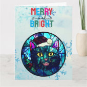 Meowing Stained-Glass Christmas Black Cat Kaart (Voorkant)