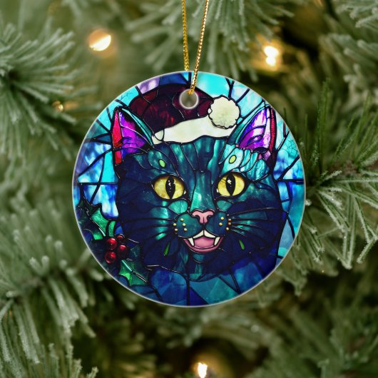 Meowing Stained-Glass Christmas Black Cat Keramisch Ornament (Boom)