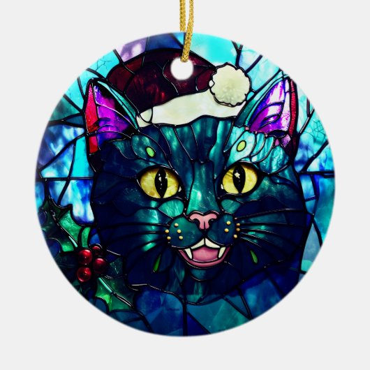 Meowing Stained-Glass Christmas Black Cat Keramisch Ornament (Voorkant)