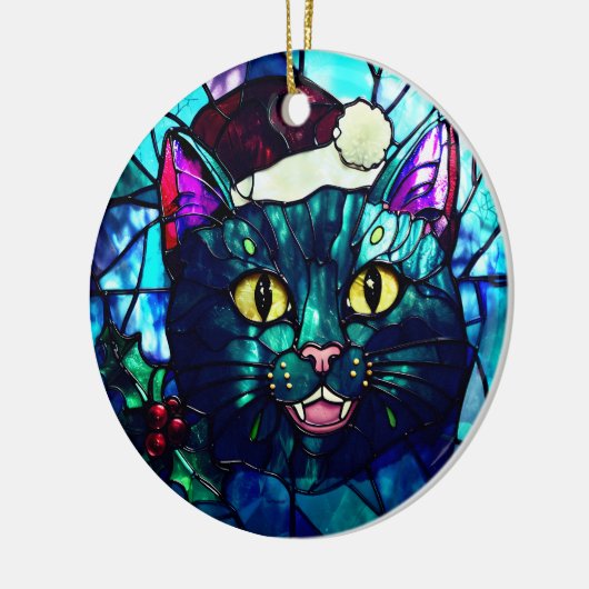 Meowing Stained-Glass Christmas Black Cat Keramisch Ornament (Links)