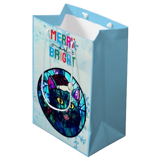 Meowing Stained-Glass Christmas Black Cat Medium Cadeauzakje (Voorkant Gekanteld)