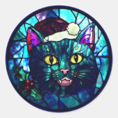 Meowing Stained-Glass Christmas Black Cat Ronde Sticker (Voorkant)