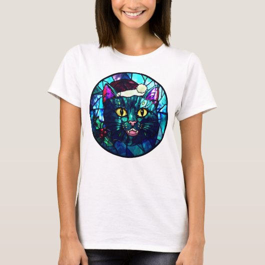Meowing Stained-Glass Christmas Black Cat T-shirt (Voorkant)