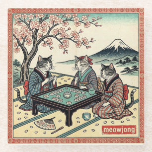 Meowjong Grappige Japanse Ukiyo-e Katten Mahjong Glazen Onderzetter