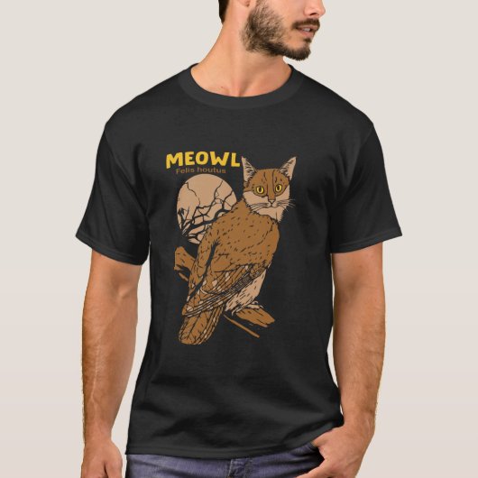 Meowl Kattenuil met boom en volle maan Grappig Cad T-shirt (Voorkant)