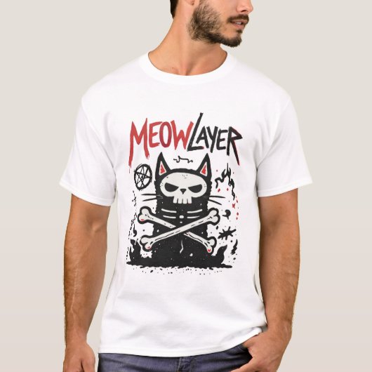 Meowlayer Cat Metal Doodle Illustration T-shirt (Voorkant)