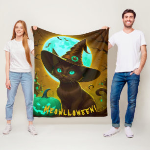 Meowlloween Golden Cat Paarse Groene Pompoen Maan Fleece Deken