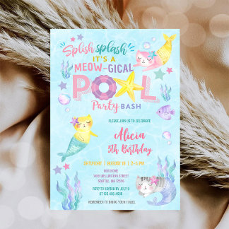 Meowmaid Pool Party Verjaardagsuitnodiging Kaart