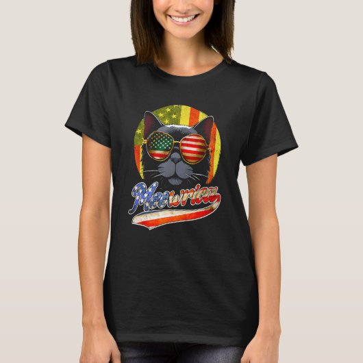 Meowrica Black Cat Zonnebril USA Vlag 4th of Jul T-shirt (Voorkant)