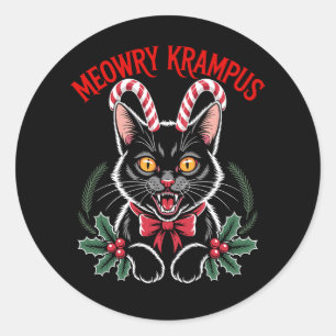 Meowry Krampus Kerstmis Zwarte Kat Kerststok Kerst Ronde Sticker