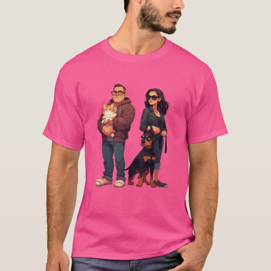 Meows & Muscle – Funny Cat Dad & Doberman Mom T-shirt (Voorkant)
