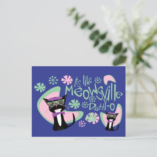 Meowsville Dad-O Beatnik Kat 2 Briefkaart (Staand voorkant)