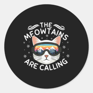 Meowtains roepen grappige kat skiën retro zonsonde ronde sticker