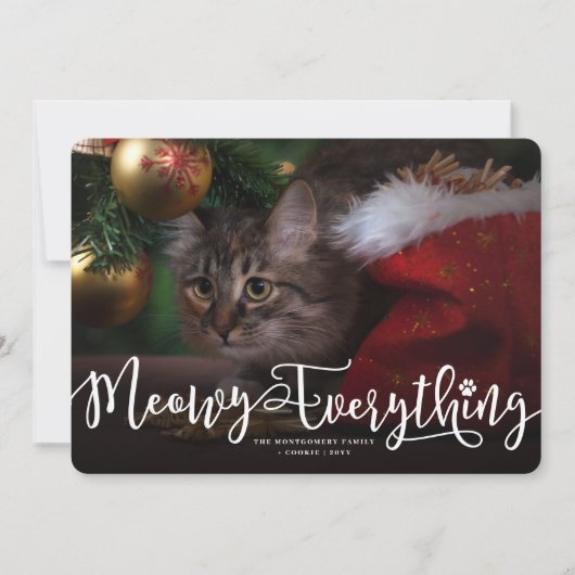 Meowy Alles Elegant Script Cat Funny Foto Feestdagenkaart (Voorkant)