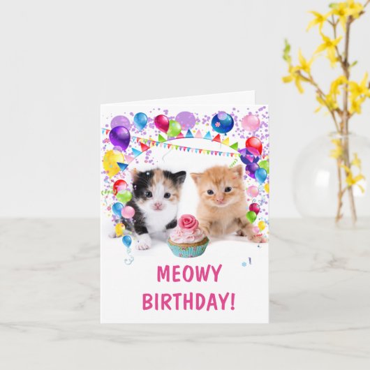 MEOWY BIRTHDAY Kittens Small Birthday Kaart (Gele Bloem)