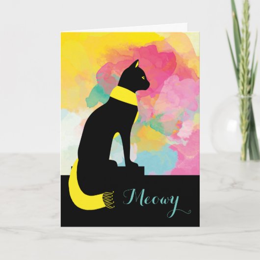 Meowy Black Cat in Yellow Scarf Gezegde Hallo Kaart (Voorkant)