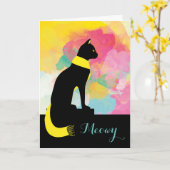 Meowy Black Cat in Yellow Scarf Gezegde Hallo Kaart (Gele Bloem)
