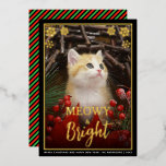 Meowy & Bright Cute Cat Photo & Snowflakes Pet Folie Feestdagenkaart<br><div class="desc">A foil photo Christmas card for cat lovers. It has part a placeholder photo of a cute ginger kitten among red and green Christmas decorations. The photo is in a gold foil frame, with snowflakes in the upper corners, also from gold foil. In the lower part of the photo there...</div>
