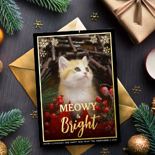 Meowy & Bright Schattige Kattenfoto & Sneeuwvlokke Folie Feestdagenkaart