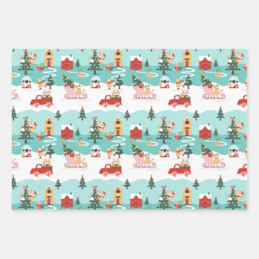 Meowy Cat KerstSleigh Winter Village Scene Inpakpapier Vel (Voorkant 3)