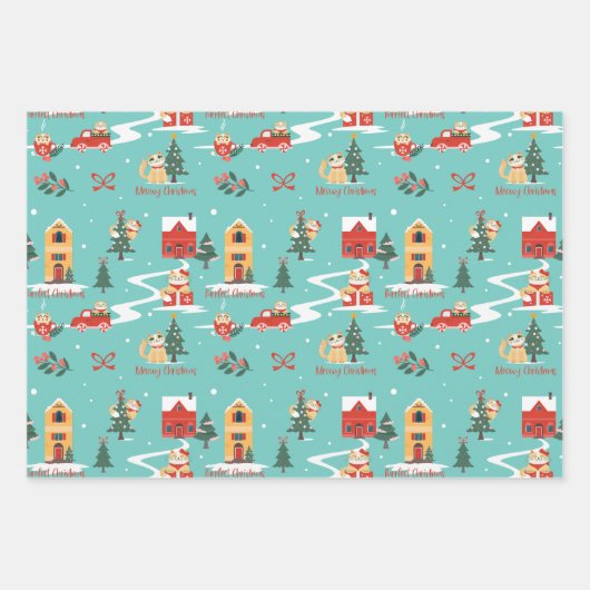 Meowy Cat KerstSleigh Winter Village Scene Inpakpapier Vel (Voorkant)