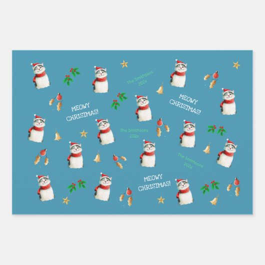 Meowy Cat Schattigee gepersonaliseerde kerst Inpakpapier Vel (Voorkant 2)