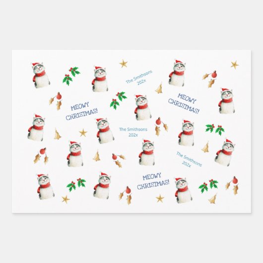 Meowy Cat Schattigee gepersonaliseerde kerst Inpakpapier Vel (Voorkant)
