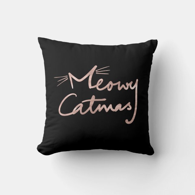 Meowy Catmas Black en Roos Gold Cat met kerstmis Kussen (Voorkant)