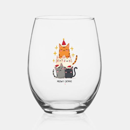 Meowy Catmas Cat Christmas Tree Xmas (3) Wijnglas Zonder Voet (Voorkant)