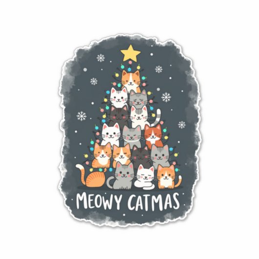 Meowy Catmas Cat Christmas Tree Xmas Girls Boys Fu Sticker (Voorkant)
