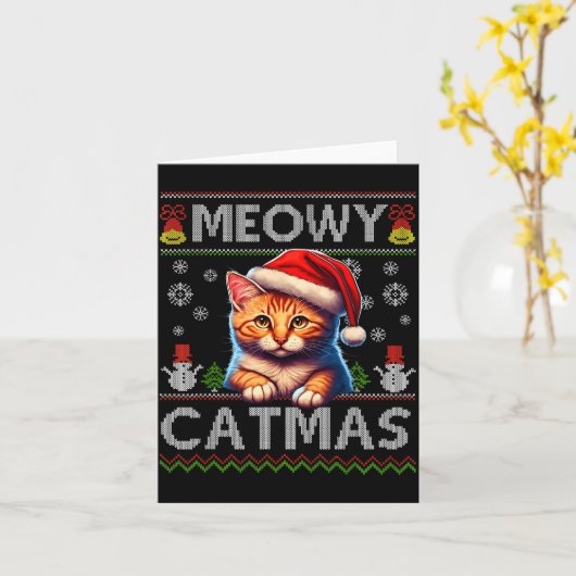 Meowy Catmas Cat Santa Christmas Kitten Xmas Ugly  Kaart (Gele Bloem)