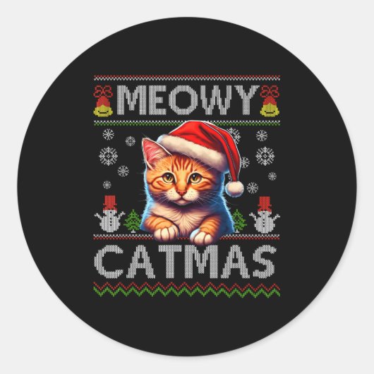 Meowy Catmas Cat Santa Christmas Kitten Xmas Ugly  Ronde Sticker (Voorkant)