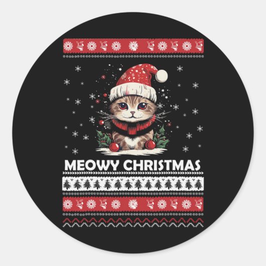 Meowy Catmas Cat Santa Christmas Kitten Xmas Ugly Ronde Sticker (Voorkant)