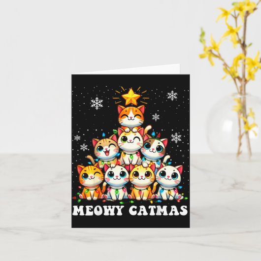 Meowy Catmas Funny Christmas Tree Lights Cute Cat  Kaart (Gele Bloem)