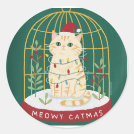 Meowy Catmas Ginger Cat in Cage Snow Globe Ronde Sticker