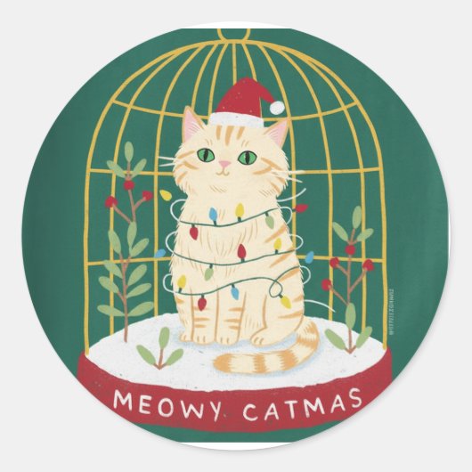 Meowy Catmas Ginger Cat in Cage Snow Globe Ronde Sticker (Voorkant)
