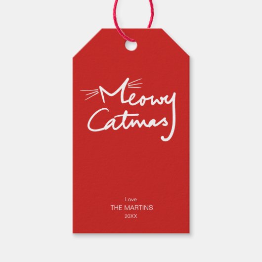 Meowy Catmas Grappige Rode Kat Kerstmis Cadeaulabel (Voorkant)