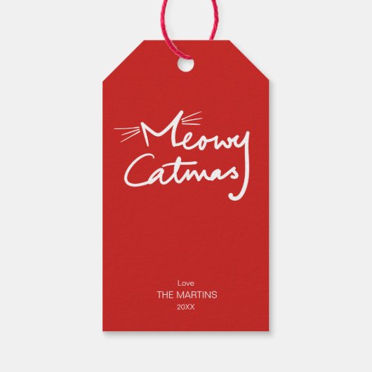 Meowy Catmas Grappige Rode Kat Kerstmis Cadeaulabel (Achterkant)