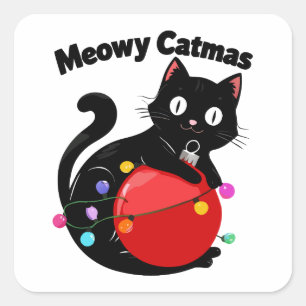 Meowy Catmas - Kat met Kerstornament Vierkante Sticker