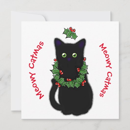 Meowy Catmas kat tekenen Holly bessen Kerstmis Kaart (Voorkant)