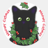 Meowy Catmas kat tekenen Holly bessen Kerstmis Ronde Sticker (Voorkant)