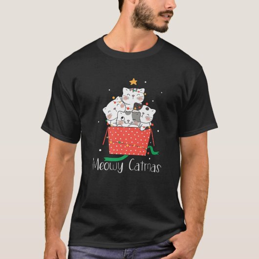 Meowy Catmas kerstkat Santa Hat licht sneeuw T-shirt (Voorkant)