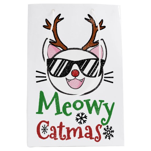 Meowy Catmas kerstmis Kitty Cat Red Nose Reindeer Medium Cadeauzakje (Voorkant)