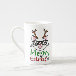 Meowy Catmas kerstmis Kitty Cat Red Nose Reindeer Porselein Kop