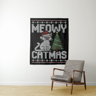 Meowy Catmas Knitted Cat Tapestry Wandkleed