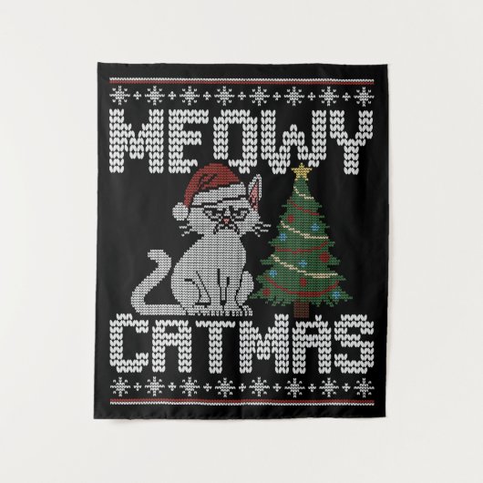 Meowy Catmas Knitted Cat Tapestry Wandkleed (Voorkant)